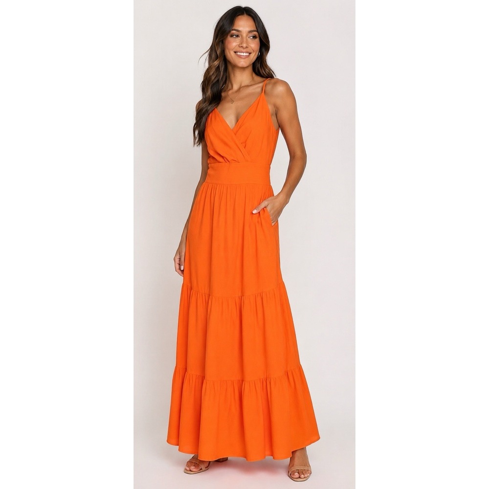 Crown & Ivy Orange Maxi Dress Tiered Ruffle Hem Smocked Back Size L